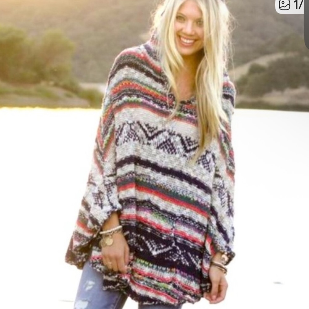 Free People Hooded Multicolor Striped Poncho